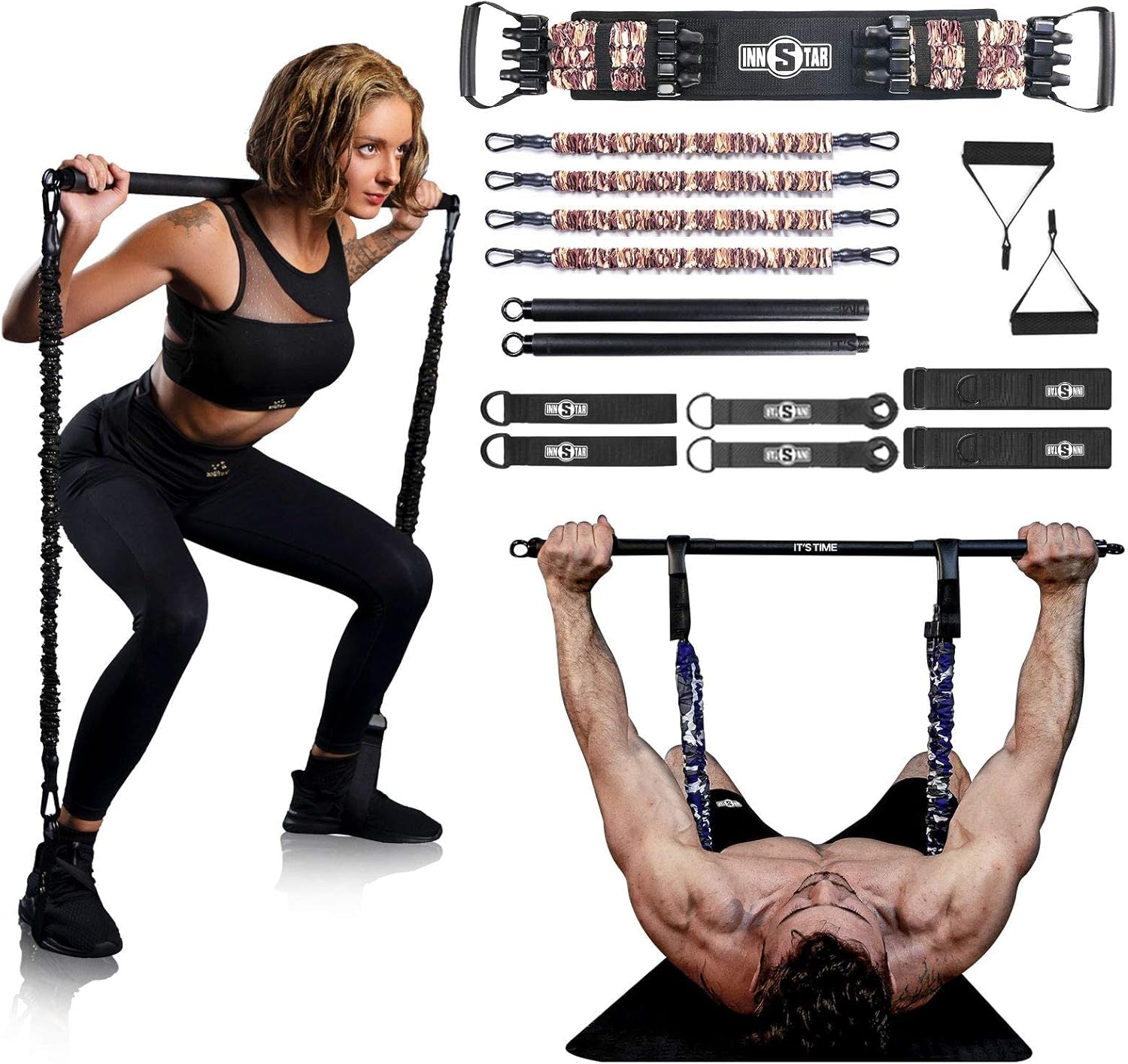 Resistance Bands Bar Exercise Bands Attachment 38" Black Max Load 800Lb for Home Gym Workout Full Body Workout Power Lifting Fitness Bar